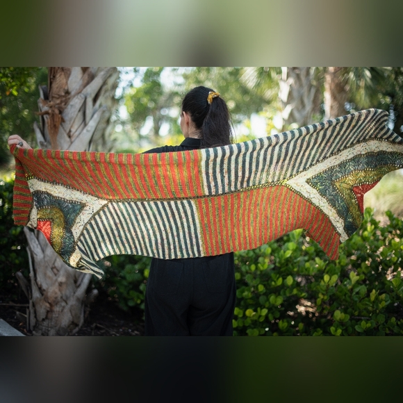 Shawl Large Striped Lace Green Red Yellow Hand Knit Wrap - Picture 8 of 15